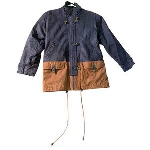 VTG Comint Brown Navy Blue Leather Coat Two Tone size L Color Block 80s hiking